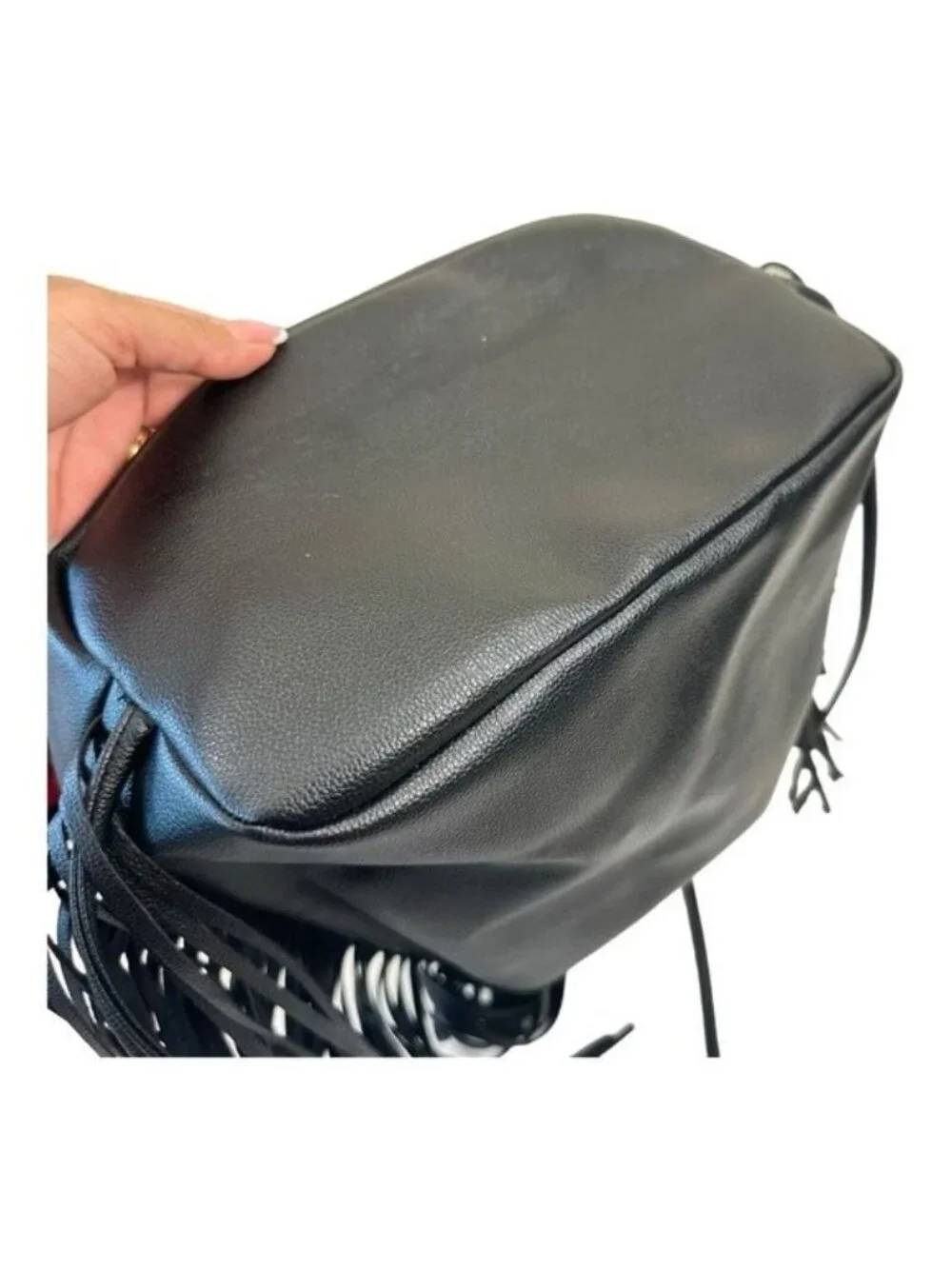 Victoria's Secret Backpack Solid Black Faux Suede Fringed Drawstring Bag Purse